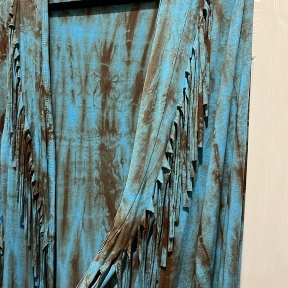 Blue Buttercup/  Cowboy Fringe, Tie Dye Long Cardigan size L Turquoise. - Picture 6 of 7